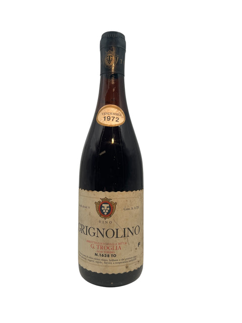 Bottle of Grignolino G Troglia 1972 red wine with light ruby ​​red color