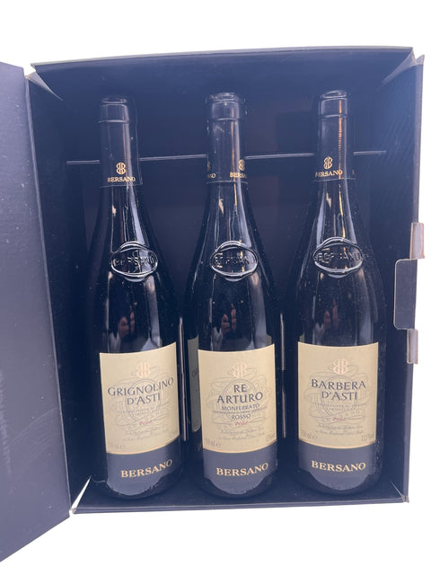 Three bottles of red wine from Bersano in a gift box